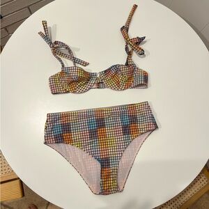 GANNI Tie-shoulder checked underwired bikini top and high-rised briefs